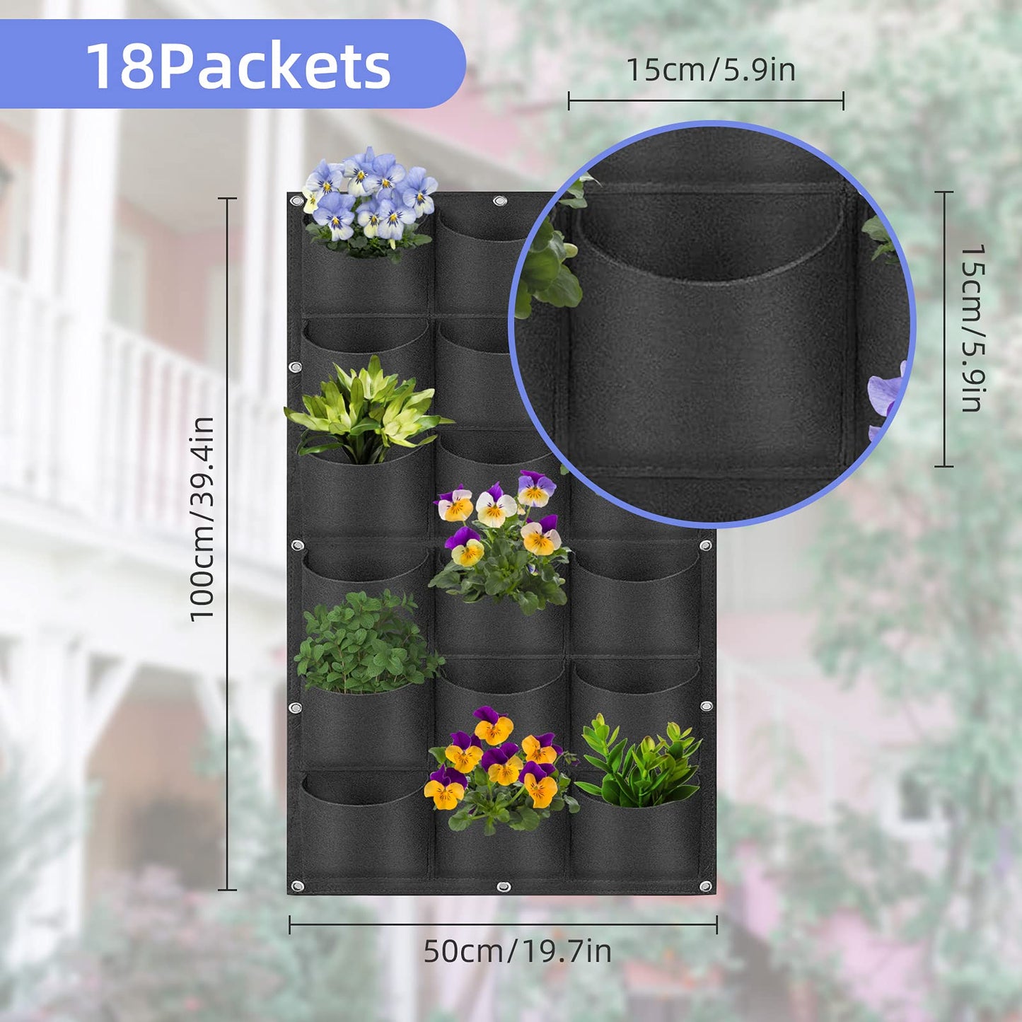 18 Pockets Hanging Planter Bags, Hanging Vertical Wall Mounted Plant Planting Grow Bags, Herb Garden Planter Outdoor Indoor Growing Bag, Gardening Vertical Greening Flower Container(1m×0.5m, Black)