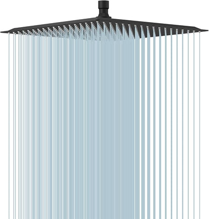 BESy 16 Inch Rain Shower Head, 16" Square Rainfall & High Pressure Stainless Steel Bath Showerhead, 1/16" Ultra Thin, Waterfall Full Body Coverage with Silicone Nozzle, Matte Black Finish