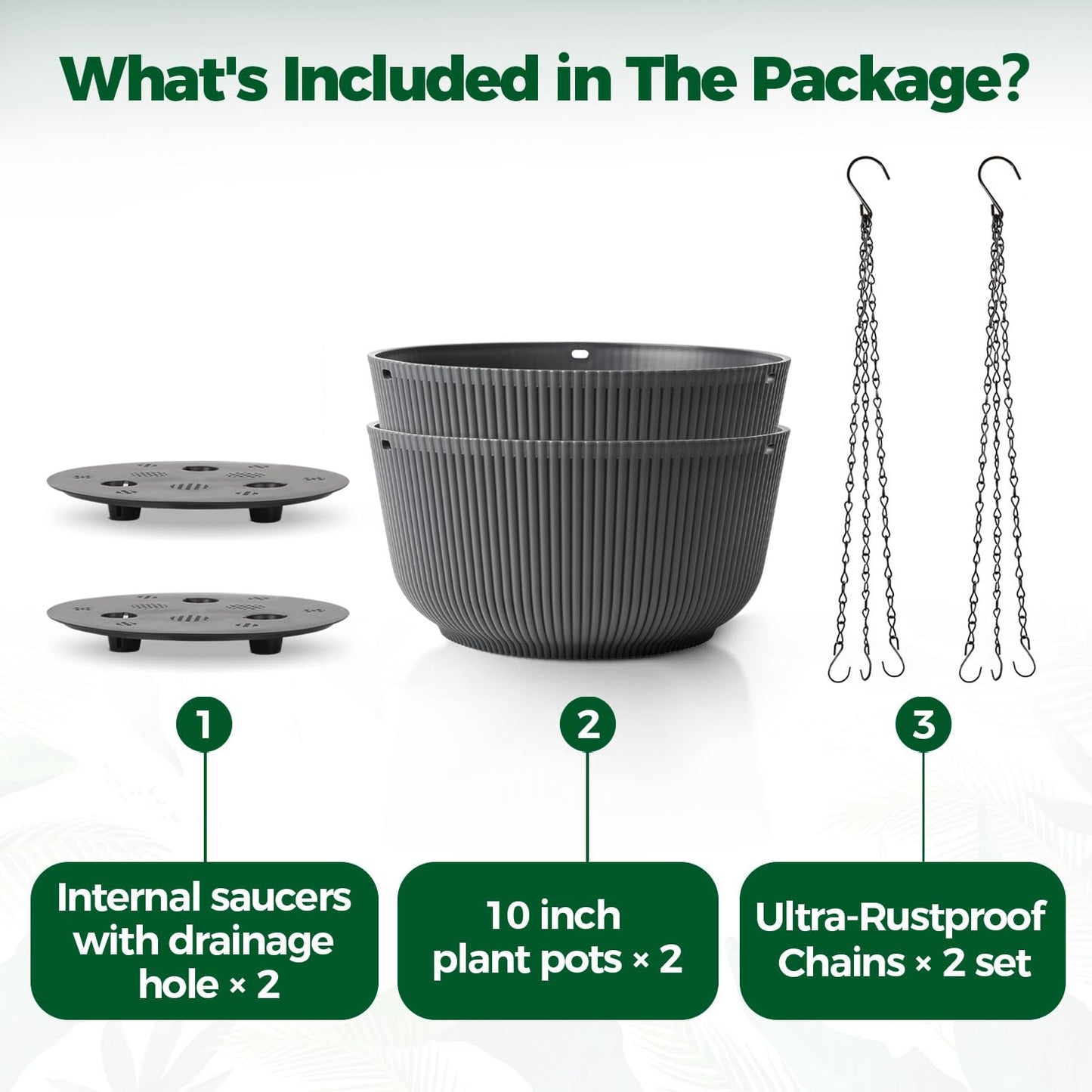 T4U 10 Inch Hanging Planters for Indoor Outdoor Plants, Hanging Plant Pot Pack of 2, Self Watering Hanging Pots with Drainage Hole & Plug & Chain with 3 Hooks for Garden Home Decor, Grey