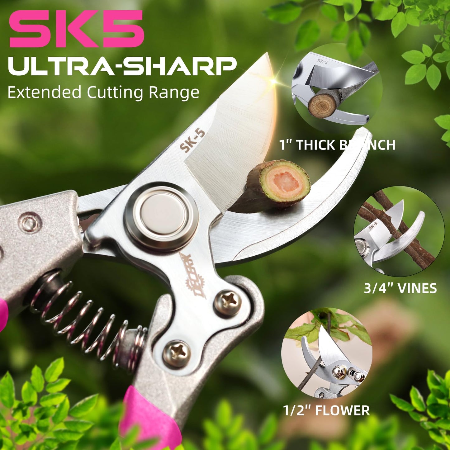 DECERK® 8.5" Bypass Pruning Shears for Women – Lightweight Garden Scissors, Ultra Sharp SK5 Blade, Ergonomic Handle Reduces Hand Fatigue, Ideal Pruners for Arthritic Hands, Pink Tools Gift for Mom