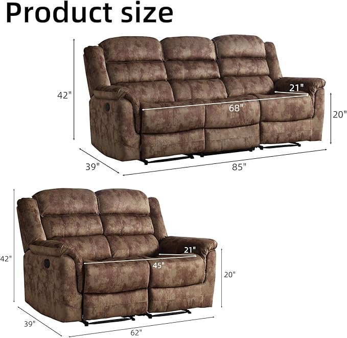EBELLO 2 Pieces Reclining Couch Furniture Set, Overstuffed Reclining Loveseat