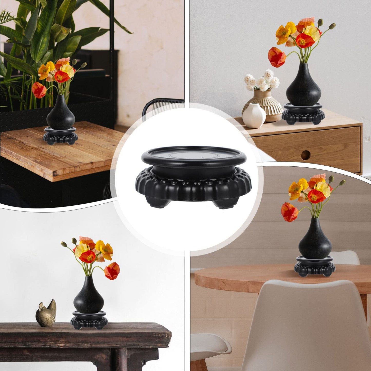 Rotating Wooden Display Stand: Round Bamboo Wood Plastic Vase Stand for Fish Tank & Bonsai - Chinese Style Pedestal Base for Teapot, Plant Pot & Oriental Decor - Wood Composite Riser - 5.1" Diameter