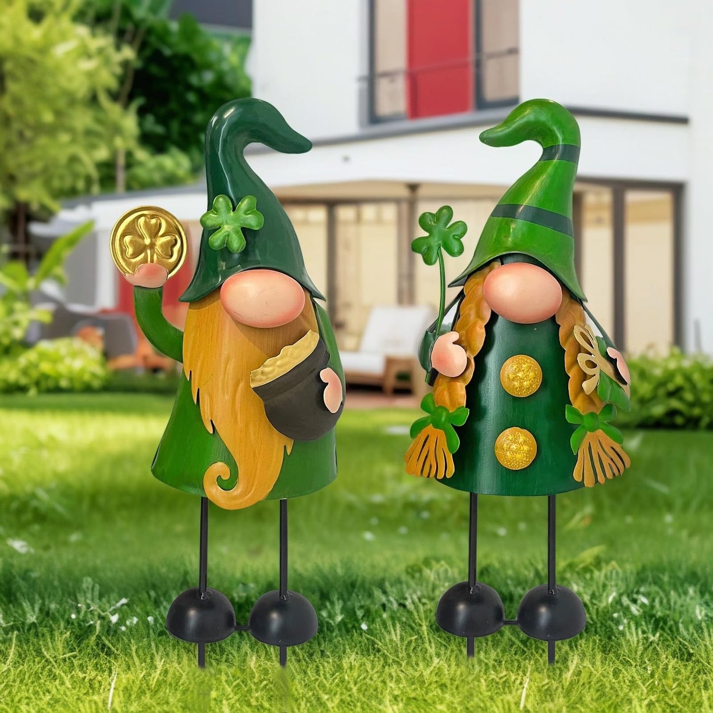 HONGLAND 18 Inch Spring Gnomes Outdoor Decor, 2Pcs Metal Gnomes Garden Stakes, Gnome Gifts for Women Outside Decorations for Yard Home Garden Lawn Patio