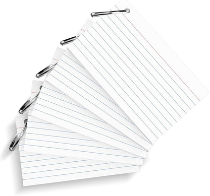 250 Count White Index Cards 3x5 Inch with Key Ring, 180gsm Heavyweight Flash Card (50 Sheets Each), Durable & Portable Note Taking for Students, Teachers, Study Note Cards for Office Home School