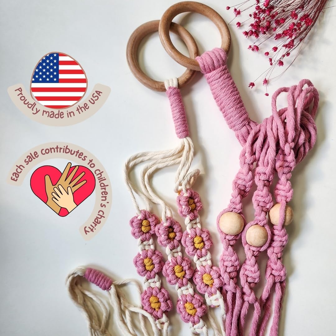 Set of 2 Macrame plant hanger with Daisies & Beads | Hanging plant holder Macrame Plant hangers outdoor and indoor hanging planters Plant stand indoor Boho Decor hanging planter stand (Champagne Pink)
