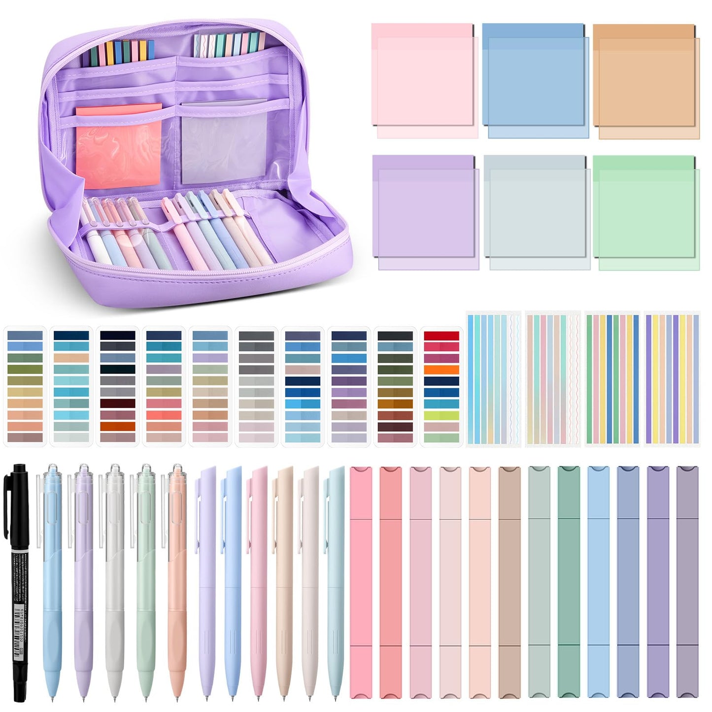 Trandraft 135 Pcs Book Annotation Kit Aesthetic Pencil Case Bag 12 Highlighter 11 Gel Pen 1 Marker 300 Sheet Transparent Sticky Notes Pad 2640 Index Stickers Bible Study Supplies(Kawaii,Purple)