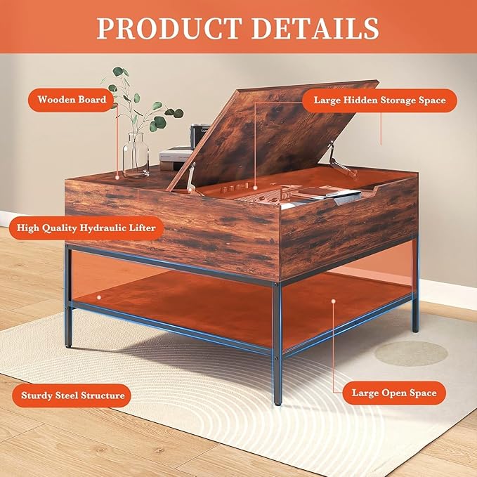 Coffee Table with Storage, Square Coffee Table with Display Shelf and Hidden