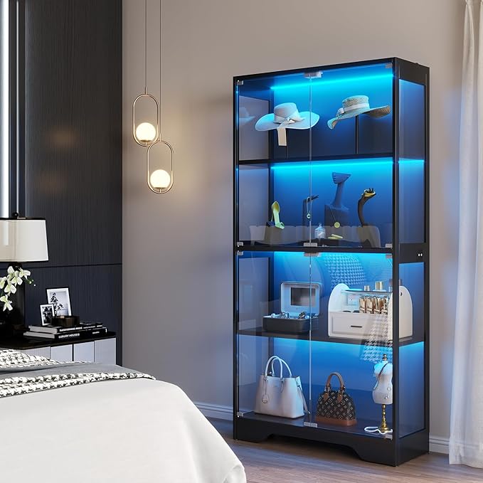 knoworld Display Cabinet with Glass Doors, 4-Tier Glass Display Case with 15mm