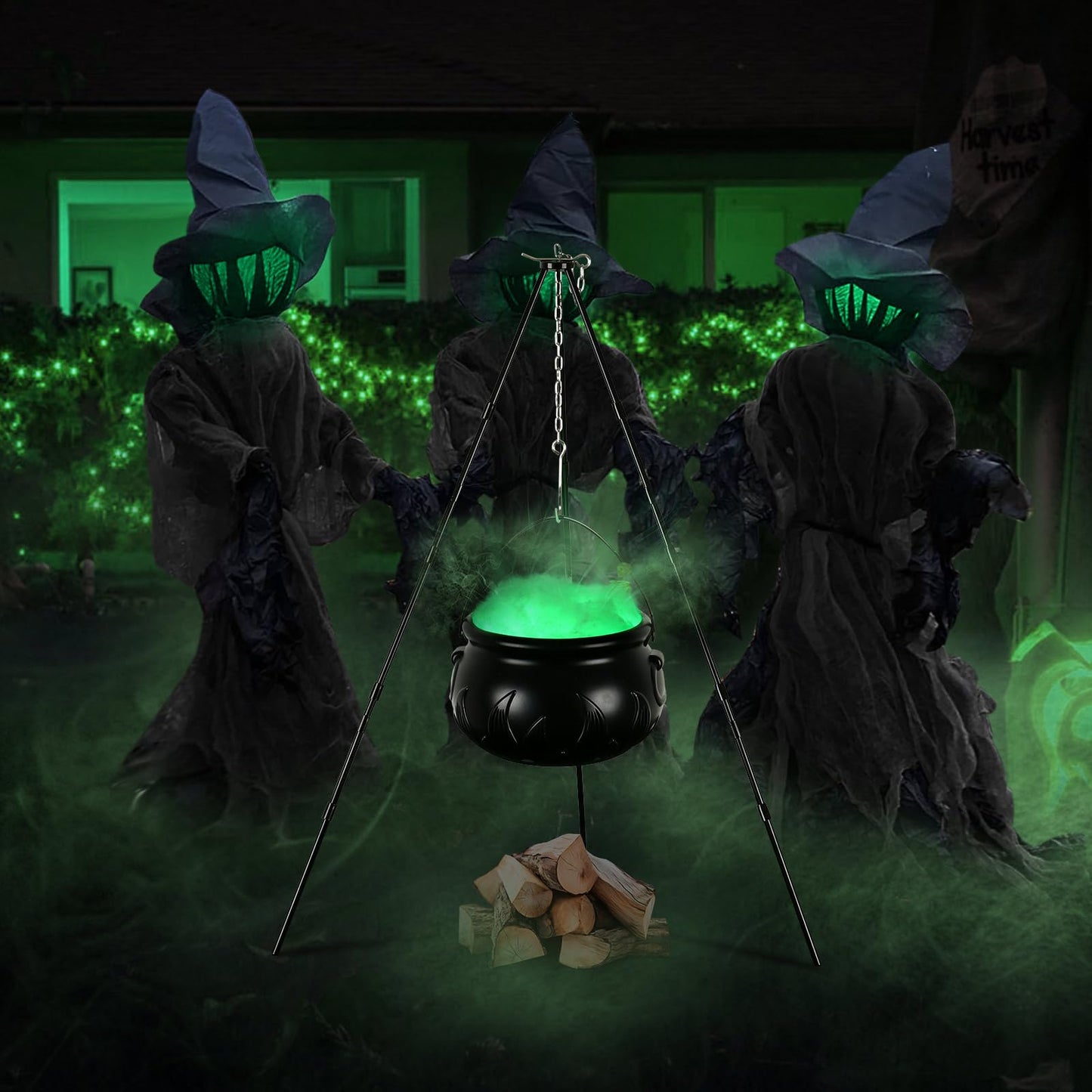 KOYILTD Halloween Outdoor Hocus Pocus Candy Cauldron Witches Cauldron on Tripod with Lights Garden Decor Halloween Candy Bowl Spooky Poison Soup Pot Decor for Home Porch (Green, Large)