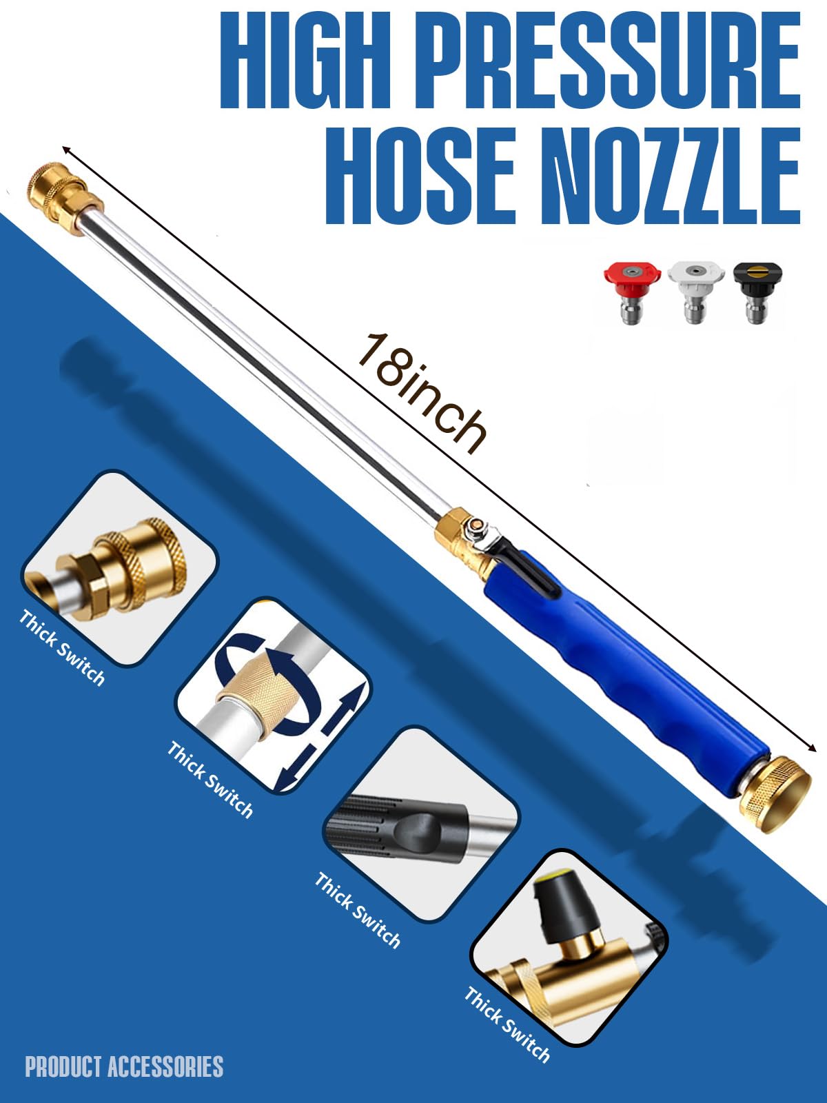 Jet Nozzle Power Washer Wand Hose Nozzle, Hydro Jet High Pressure Watering Sprayer Tool with 3 Different Nozzles, Water Hose Nozzle with Quick Connectors for Car, Gutter, Window Washing, Blue