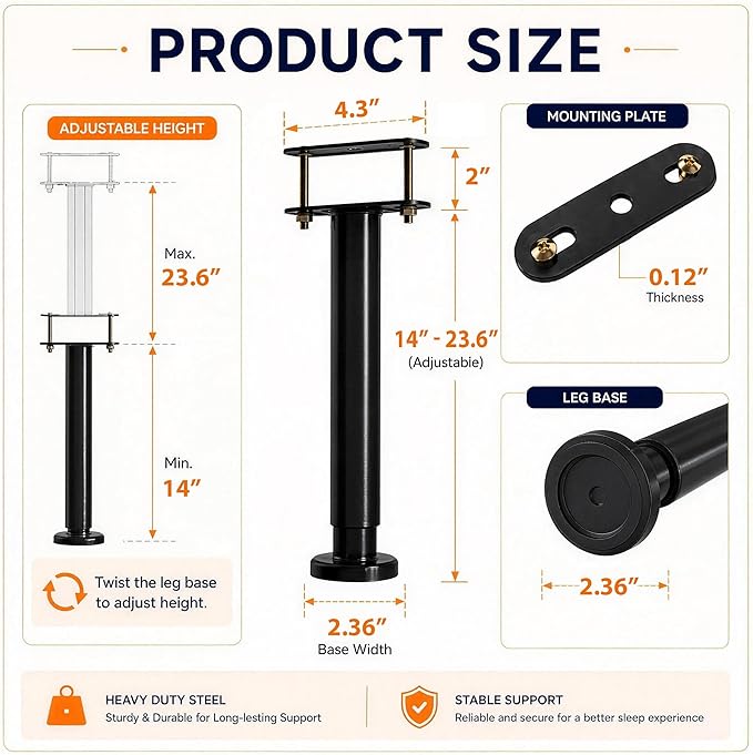 2Pcs Bed Frame Support Leg, Adjustable Height 14" to 23.6", Increase Under-Bed