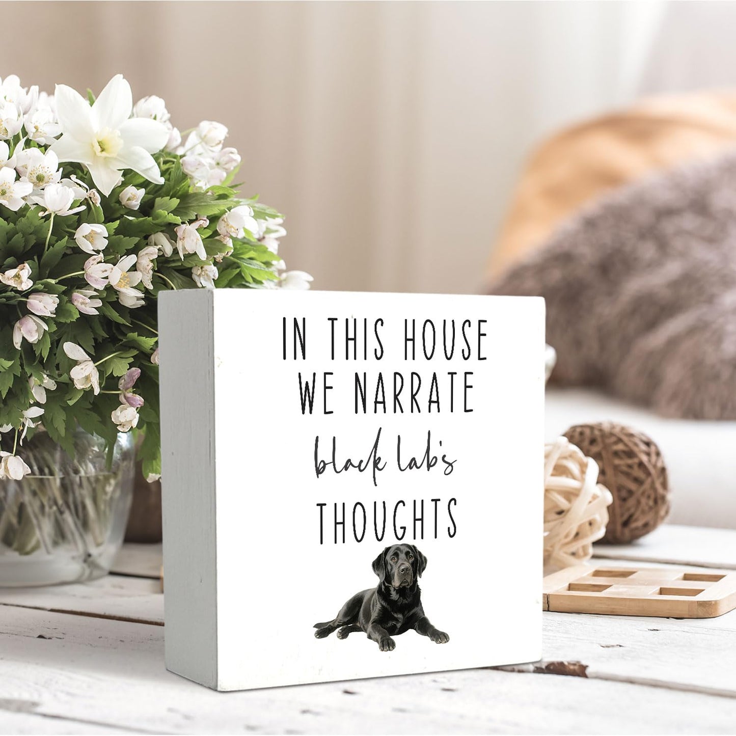 OVAcational Funny Black Labrador Retriever Dog Wooden Box Sign Desk Decor, This House We Narrate the Black Lab's Thoughts Wood Block Sign for Home Office Desk Table Shelf Wall Decorations, 5x5 Inch