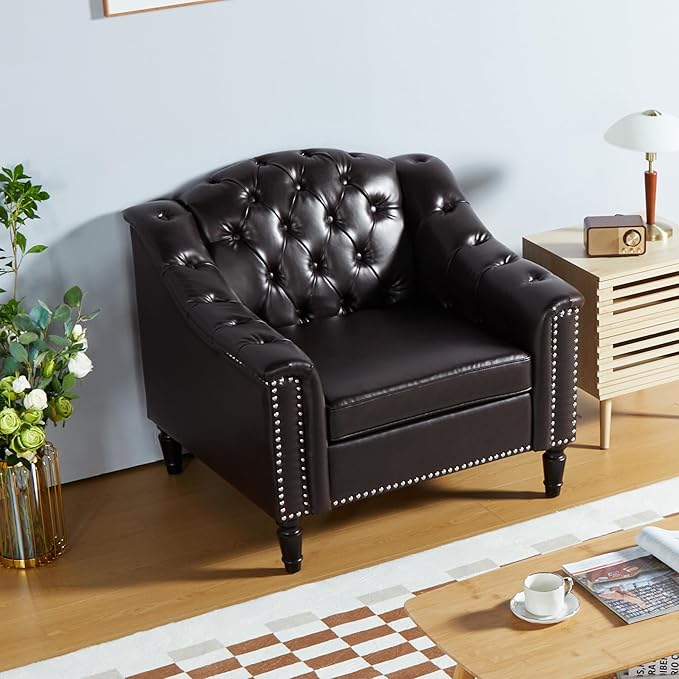 LEVNARY Chesterfield Chair Leather, Upholstered Sofa Chair