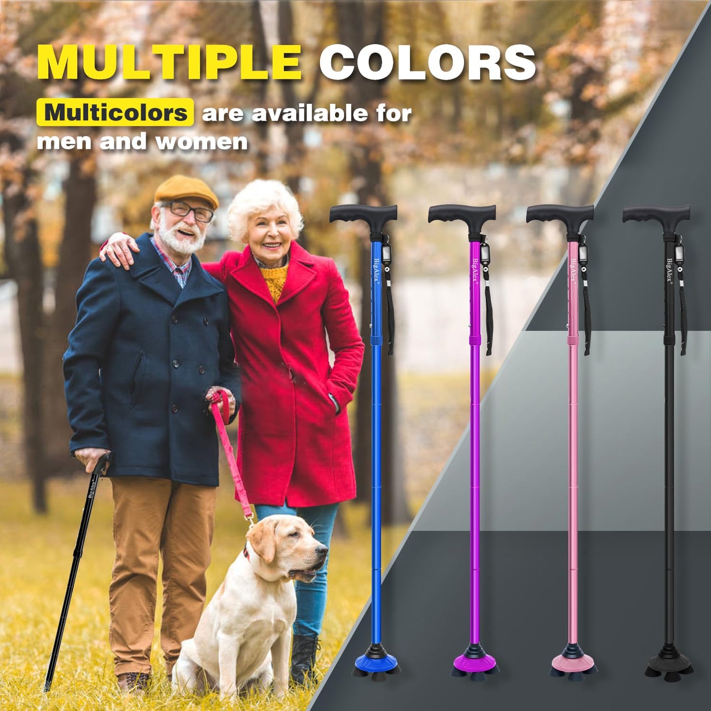 BigAlex Folding Walking Cane for Elderly Adjustable & Portable Walking Stick for Seniors,Pivoting Quad Base,Lightweight,Collapsible with Carrying Bag for Men/Woman