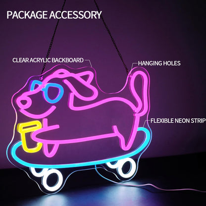 Runalosa Skateboarding Dachshund Neon Sign Dimmable Skateboard Dog Neon Light Sign for Wall Decor Cute Led Signs for Bar Cafe Party Bedroom Pet Shop Kids Room Decor Birthday Gift 16.5" x 12.2"