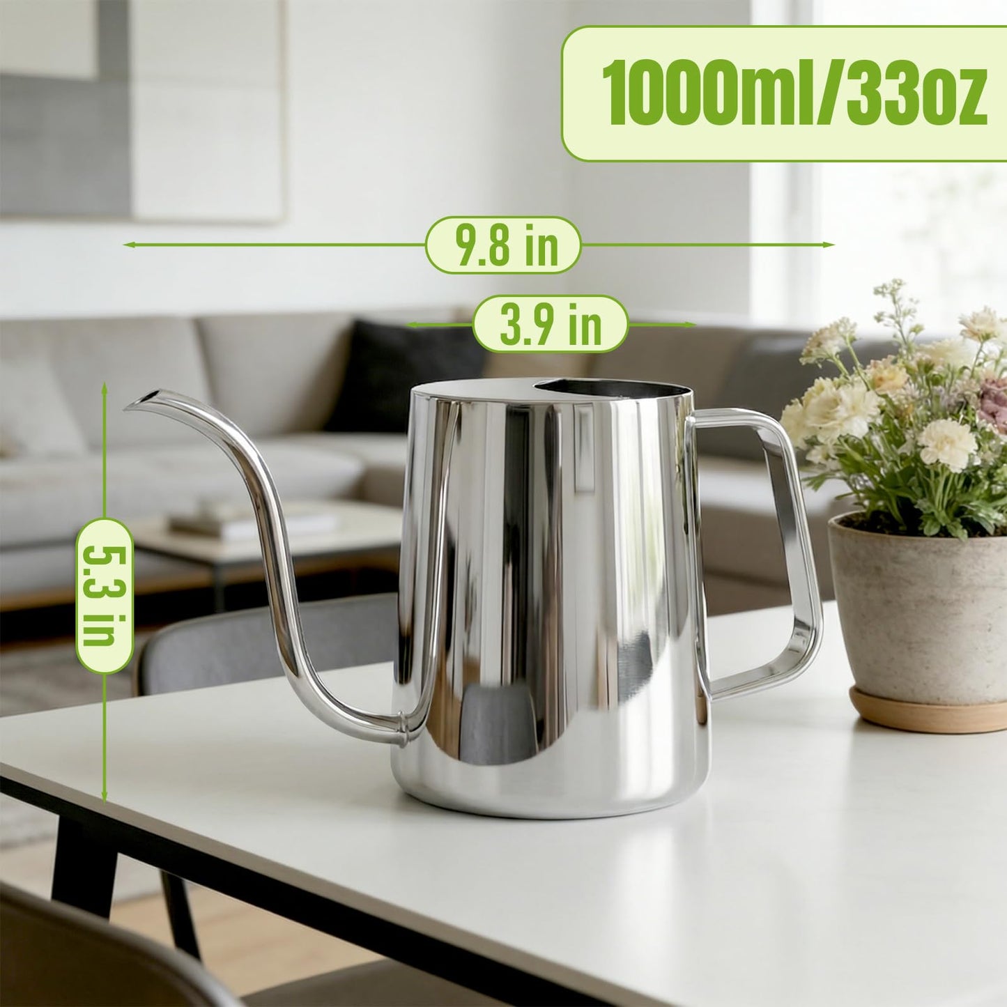 Ratrabas 34oz/1000ml Watering Can Indoor Plants with Long Spout, Plant Watering Can for Ergonomic Handle, Rust-Resistant & Durable 304 Stainless Steel, Office & Home