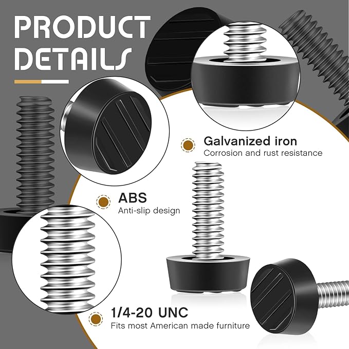 Hotop 1/4-20 UNC Thread Adjustable Furniture Levelers Screw in Galvanized Steel