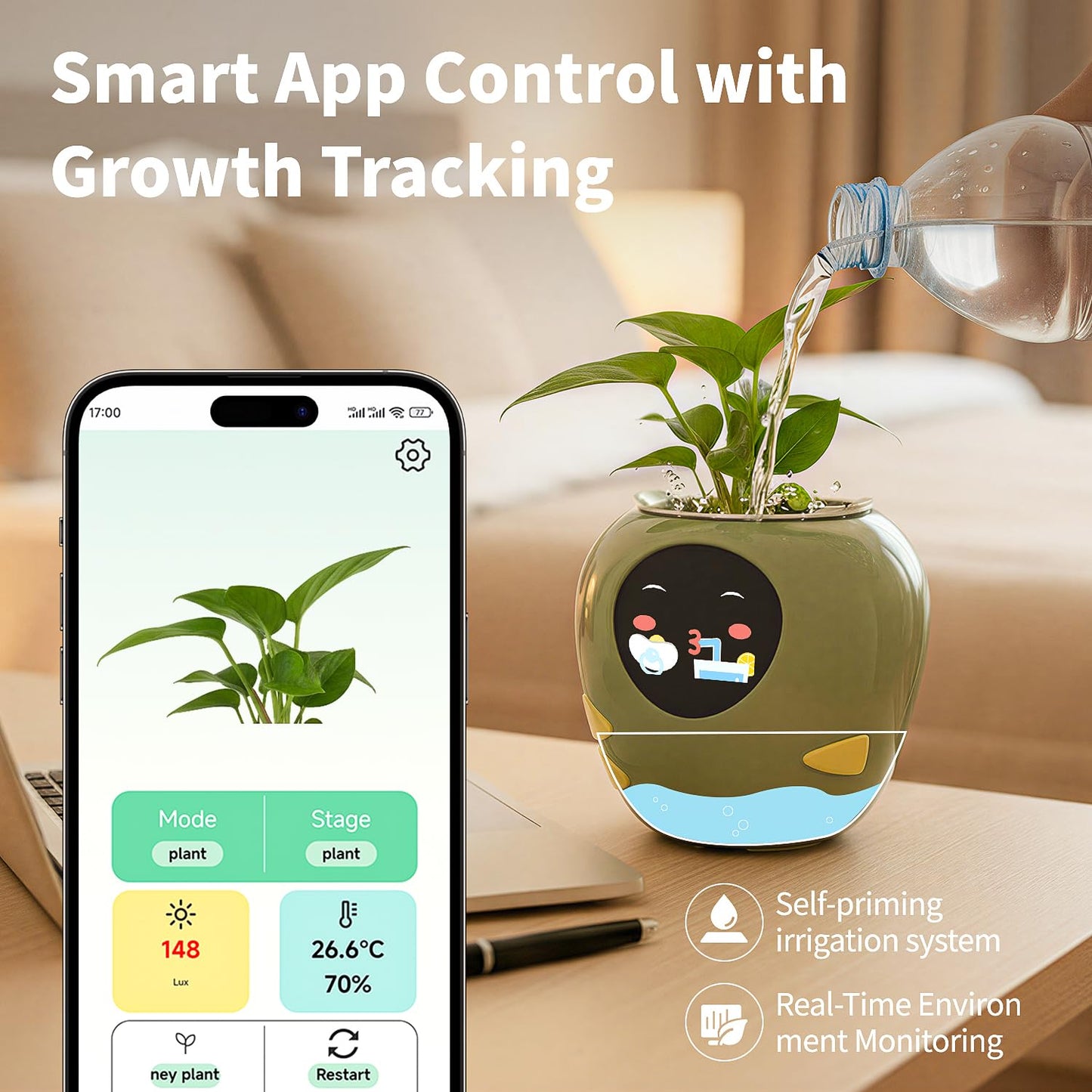 Plantbot Upgraded Large Smart Flower Pot Pet Planter Robot with Artificial Intelligence, Time Temperature Display, and Numerous Expressive Animations Based, for Indoor Decoration, Gifts (Green)