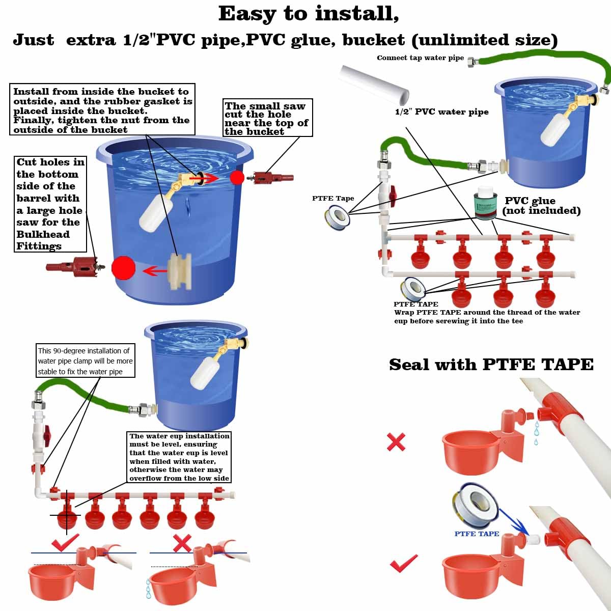 Complete Set Pipeline Automatic Chicken Waterer System(58 Accessories Included)Chicken Water Cups, Chicken Waters,Poultry Waterer,Chicken Watering System,with PVC Pipeline,Float Valve and Garden Hose