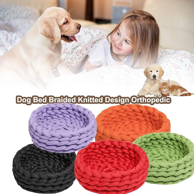 Woven Dog Bed Basket, Knitted Cotton Cat Bed Round Washable Woven Cat Pet Bed Chunky Dog Basket, Orthopedic, Chunky Knit Dog Nest,Dog Bed,Dog Cave,Dog Bedding(Purple,23")