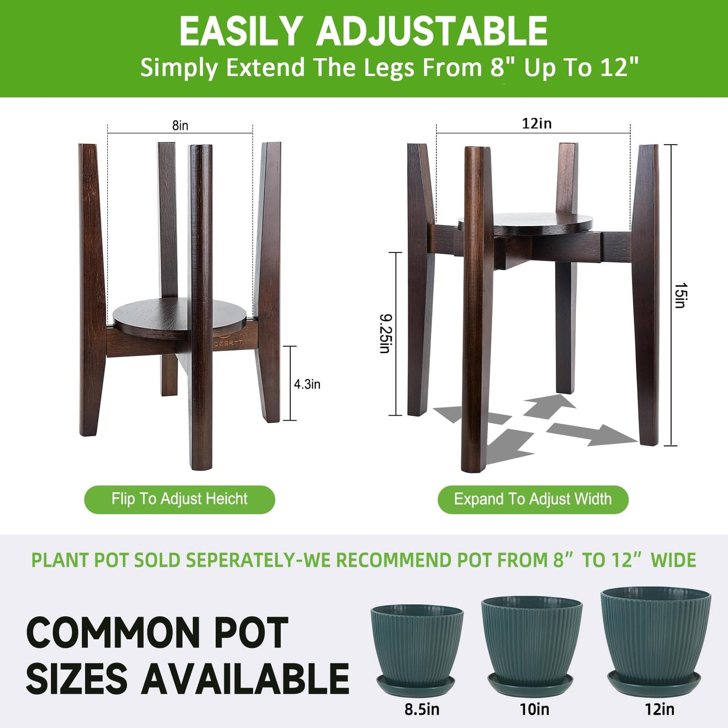 ZIOZERTT 2 Packs Adjustable Plant Stand with Tray,Indoor Wood Plant Stand Fit 8'' to 12'' Planter,Mid Century Modern Flower Pot Holder Rack(Plant and Pot Not Included) Walnut