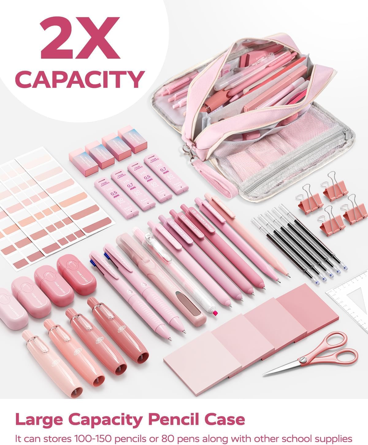 Four Candies Pink Pencil Case 3 Compartment, Large Pencil Pouch with Removable Handle & Zipper, Cute Stationery Organizer Big Pencil Case for Markers, Pencil Bag for Office College, Pink