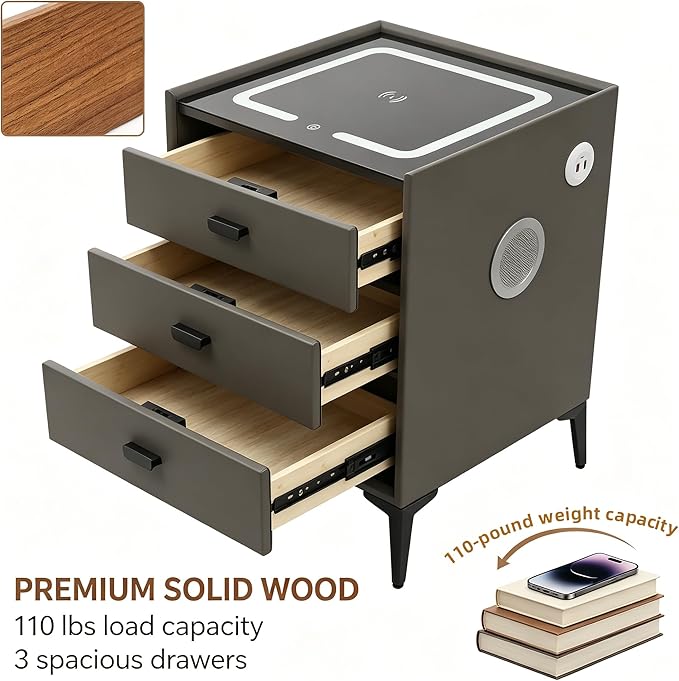 Smart Nightstand with 3 Drawers, Tri-Color Lights, Wireless Charging Port and