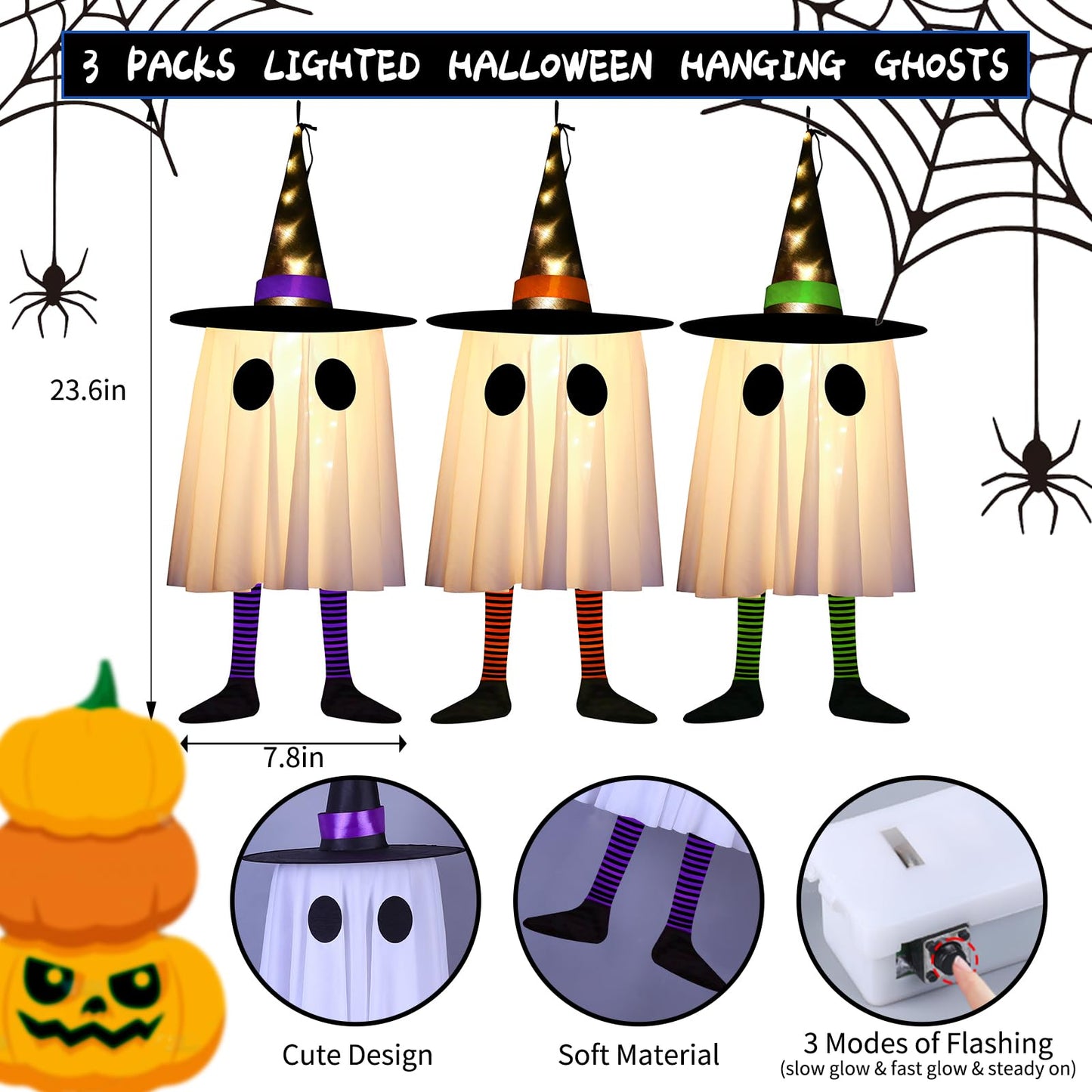 Set of 3 Halloween Hanging Ghosts, Halloween Decorations Outdoor Hanging Spooky Ghosts with Warm White LED Light, Glowing Ghost Witch Hat Lights Decor for Front Yard Lawn Garden Party Outdoor