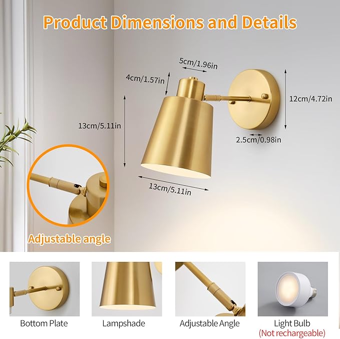 2 Pack Black and Gold Wireless Battery Operated Wall Sconces, Dimmable Battery Powered Wall Decor Set of 2, Cordless Wall Light Lamp with Remote Control for Bedroom Living Room