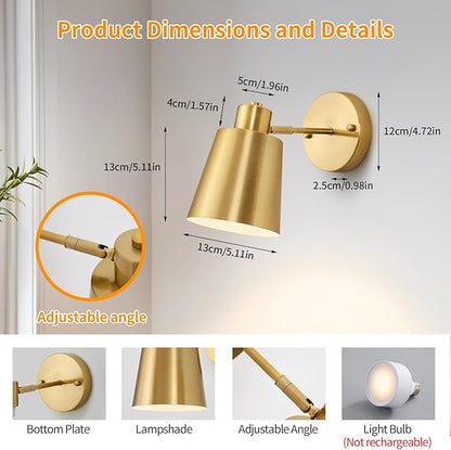2 Pack Gold Wireless Battery Operated Wall Sconces, Dimmable Battery Powered Wall Decor Set of 2, Cordless Indoor Wall Light Lamp with Remote Control for Bedroom Living Room