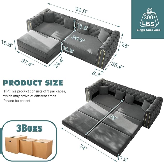 90.6'' Velvet Folding Floor Sofa Bed