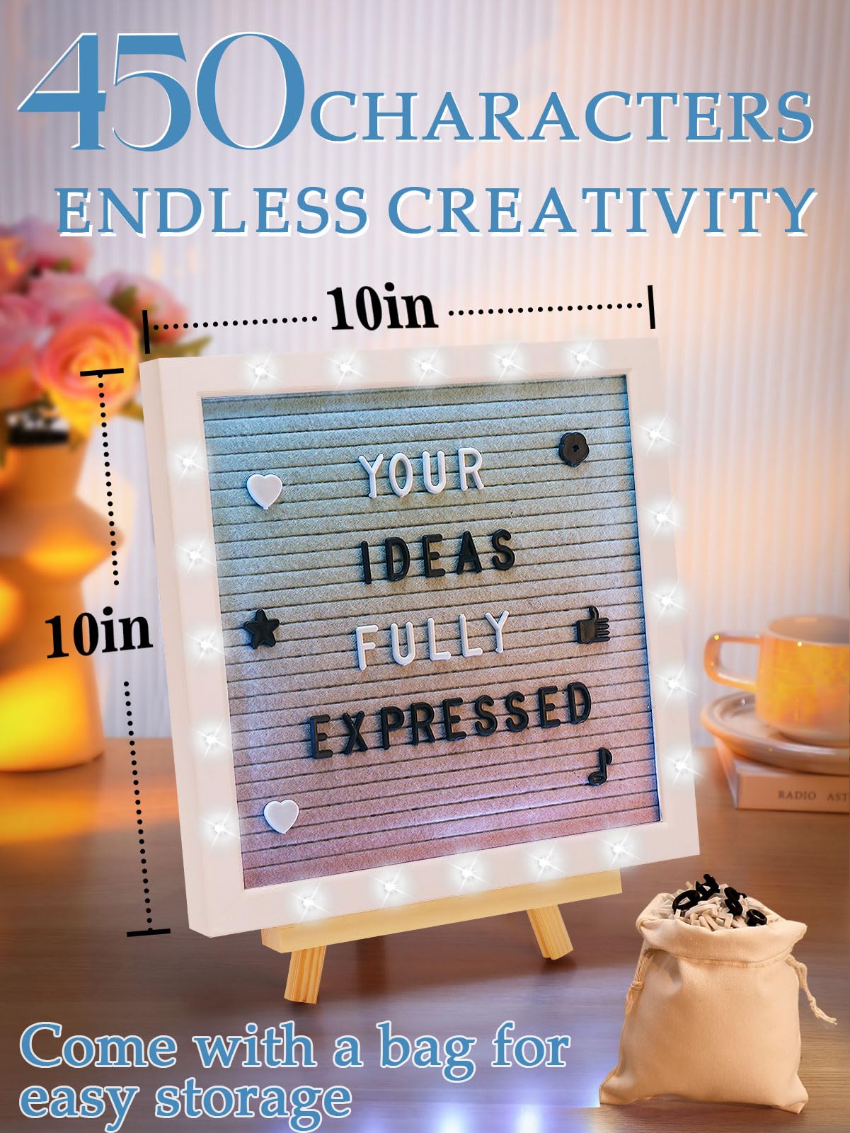 Gradient Felt Letter Board with LED Lights - 10 ×10" Custom Message Board with Changeable Letters & Stand, First Day of School Sign/Graduation/Pregnancy/Baby Announcement/Wedding/Classroom Decor