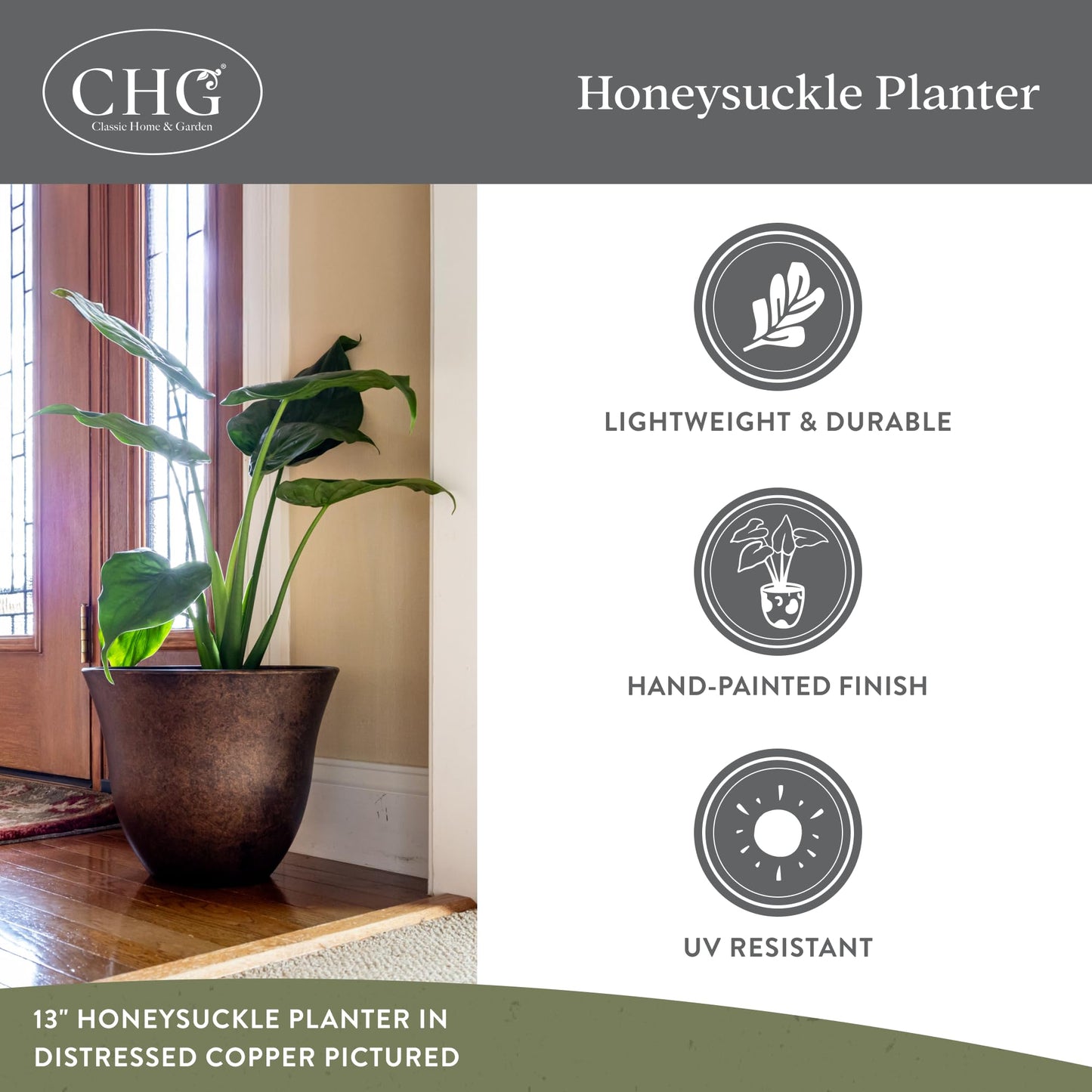 Classic Home and Garden by Growscape Honeysuckle Resin Planters - Lightweight Indoor & Outdoor Plant Pots - UV-Resistant Plastic Flower Pots - Pot Planters for Flowers & Herbs (15" Distressed Copper)