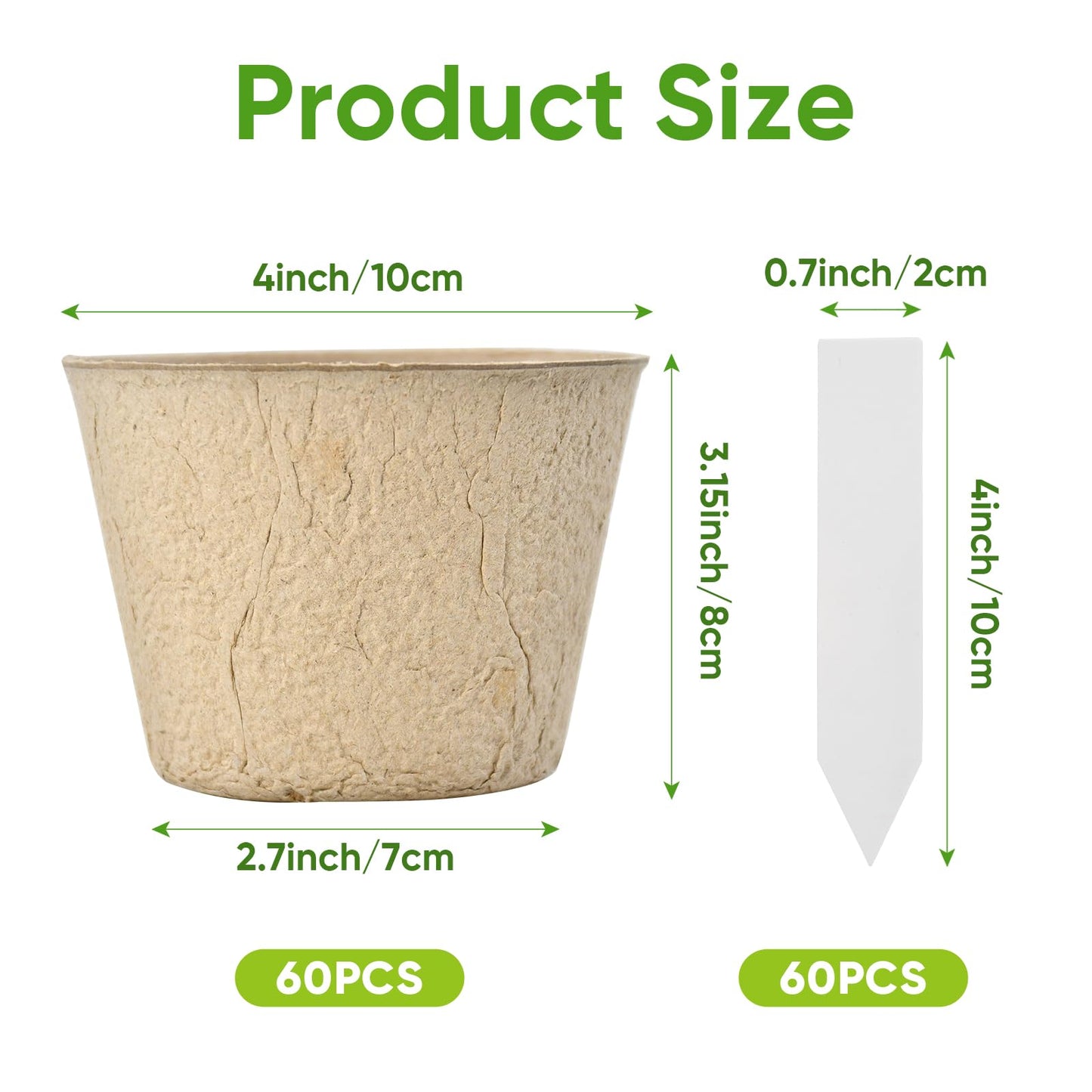 Chunsvia 60 Pack 4” Peat Pots for Seeding with 60Pcs Plant Labels, Biodegradable Seed Starter Pots with Drainage Holes, Garden Germination Nursery Pots