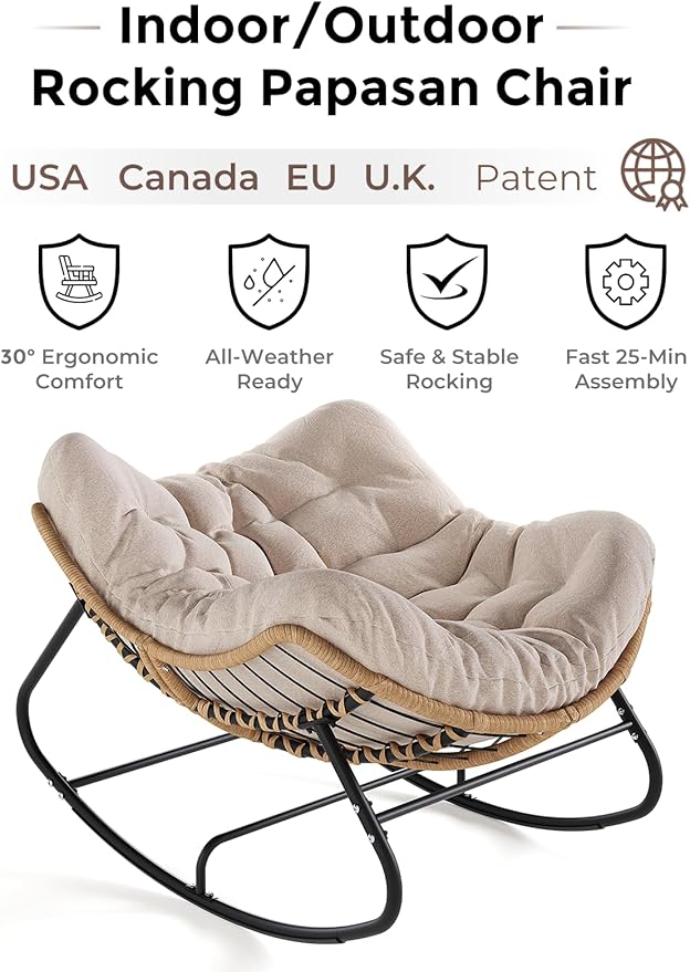 SWITTE Outdoor Papasan Rocking Chair, Oversized Patio Egg Chair