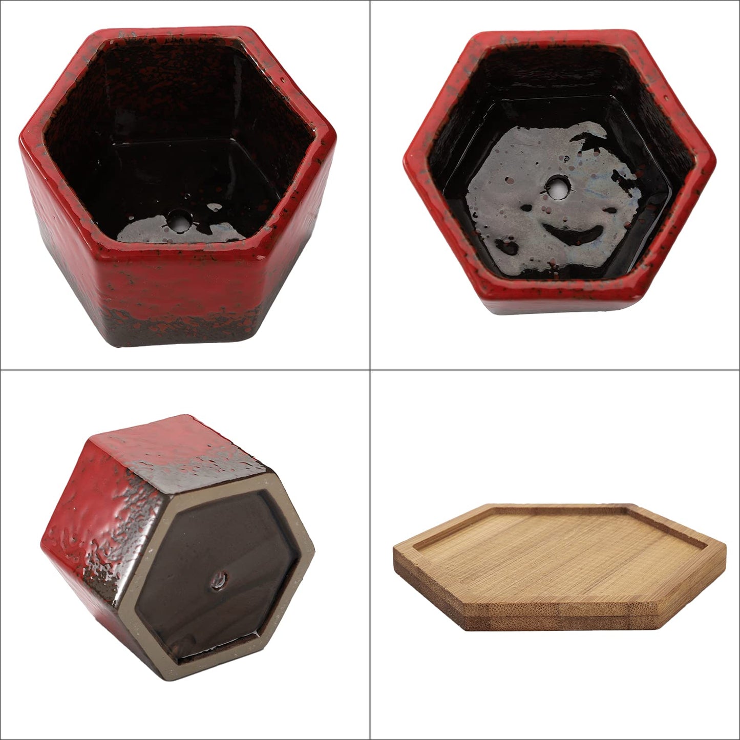 TOPZEA Set of 5 Succulent Planter Pots, 4.2 Inch Hexagon Glazed Ceramic Small Cactus Pot, Geometric Mini Flower Plant Container with Drainage Hole & Bamboo Tray for Home, Office, Windowsill, Desk