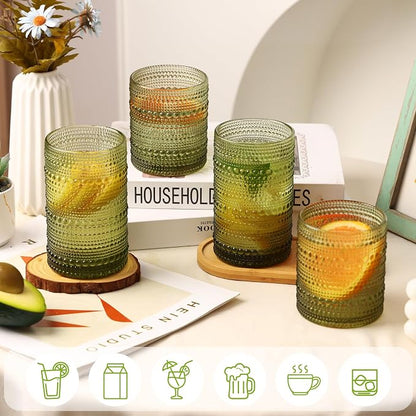 Moretoes Hobnail Drinking Glasses Set of 6, 12 Oz Highball Glasses & 10 Oz Cocktail Glasses, Clear Embossed Boho Glass Cups Kitchen Bar Tumbler Glassware Set for Whiskey, Beer, Juice, Milk (Green)