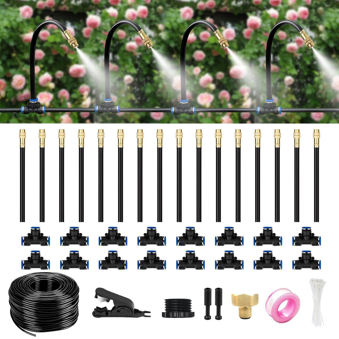 HEKIWAY 50FT Drip Irrigation System for Garden – Automatic Watering Kit with Solid Brass Metal Connectors, 360° Bendable Tubing &16 Adjustable Nozzles for Greenhouse, Lawn, Yard & Plants