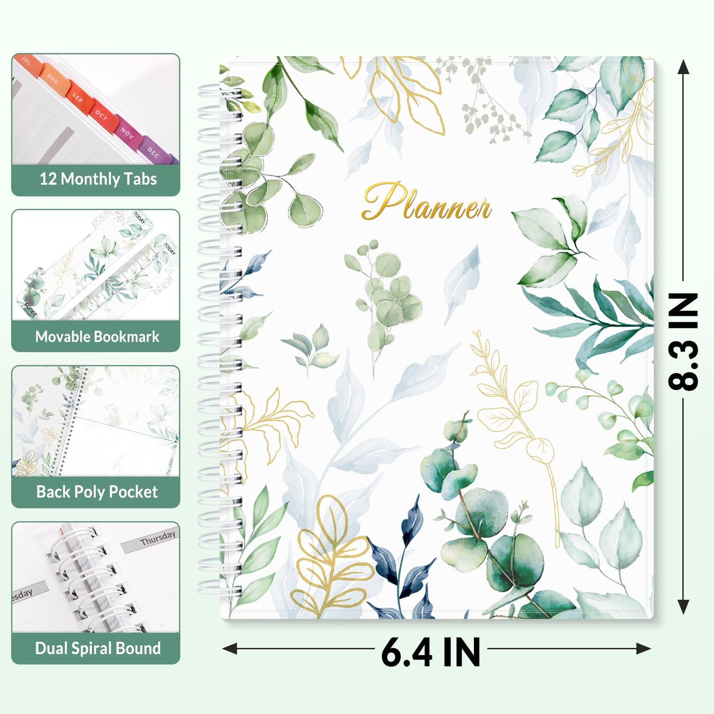 SUNEE Academic Planner 2026-2027 – Weekly & Monthly Planner, July 2026 to June 2027, 6.4"x8.3", Thick Paper, Tabs, Pockets, Bookmark, Spiral-Bound, Student Teacher Organizer, Greenery