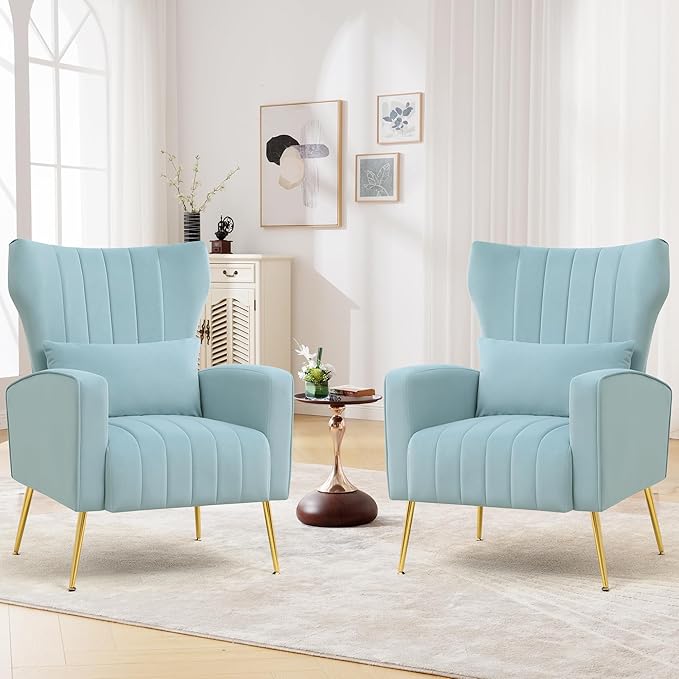 Modern Accent Chairs Set of 2 Upholstered Living Room Chairs, High Back Arm
