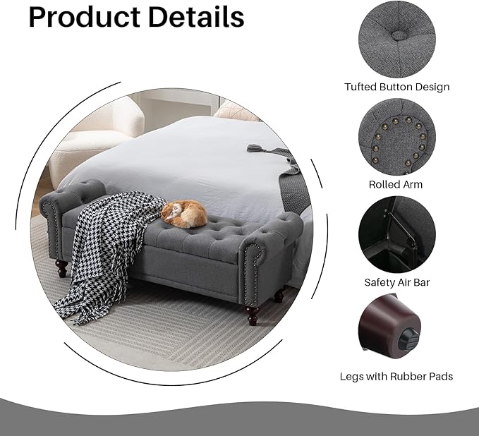 SOFTHION 58.1" Storage Bench Upholstered Linen End of Bedroom Bed Bench Ottoman