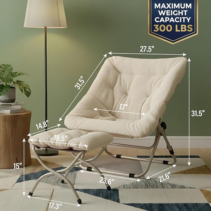 Tiita Folded Chair with Ottoman, Soft Faux Fur Oversized Folding Accent Chair