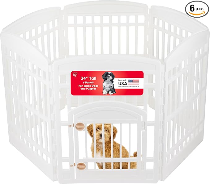 IRIS USA Dog Playpen with Door, 34” 6 Panel Pet Exercise Pen – Indoor Outdoor Puppy Play Pen, Portable Plastic Pet Fence for Small Medium Dogs, Foldable 44” x 63” x 34”, White