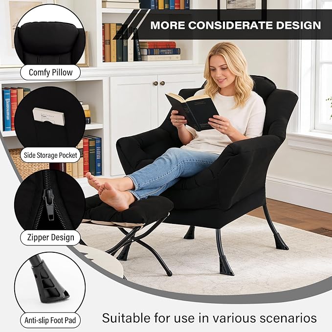 MBOOYOME Lazy Chair with Folding Ottoman, Modern Accent Lounge Armchair with