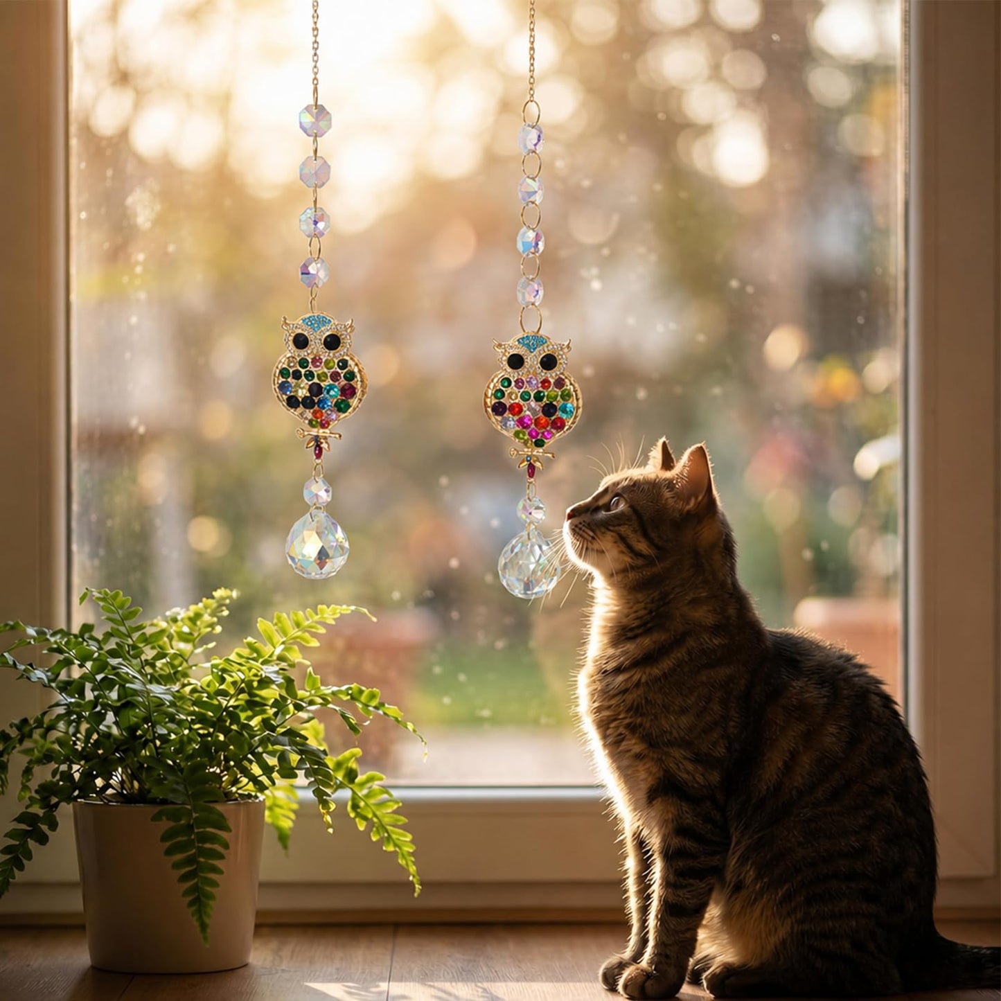 2Pcs Rhinestones Owl Crystal Suncatcher for Windows Hanging, 15.7In Prism Sun Catcher with Chain and Hook,Rainbow Maker for Home Garden Ceiling,Christmas Birthday Wedding Party Owl Gifts