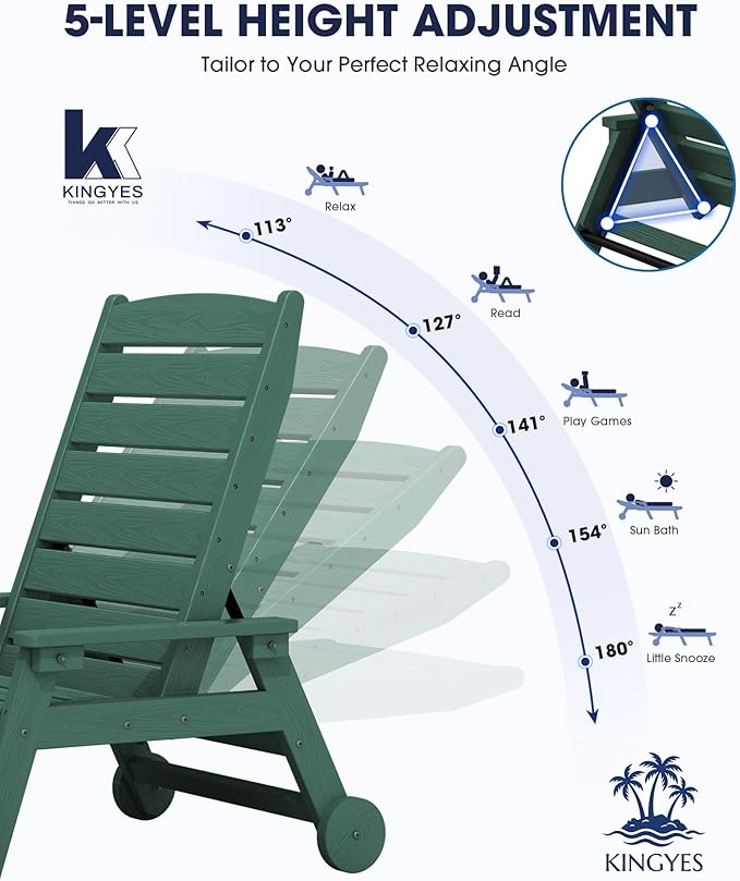KINGYES HDPE Lounge Chair Outdoor, Patio Chaise Lounge Recliner