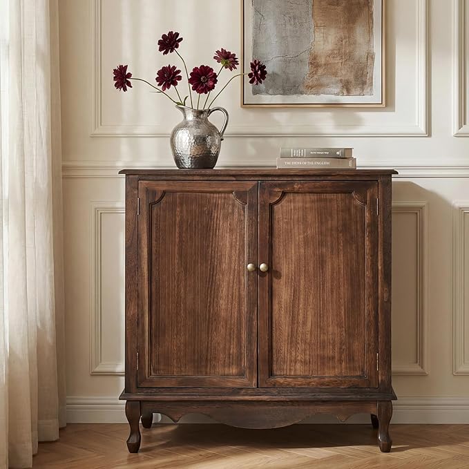 Solid Wood Sideboard with Adjustable Feet, 2 Shelves Storage Accent Cabinet