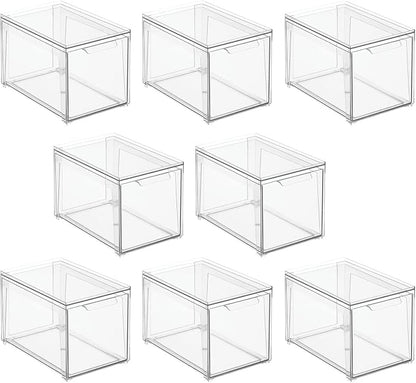 mDesign Plastic Stackable Bathroom Storage with Pull Out Bin Organizer Drawer for Cabinet, Vanity, Shelf, Cupboard, Cabinet, or Closet Organization - Lumiere Collection - 8 Pack - Clear