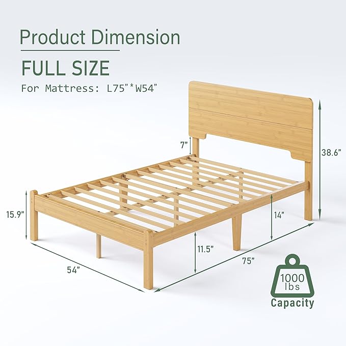 BOSRII 14in High Solid Bamboo Wood Platform Full Size Bed Frame