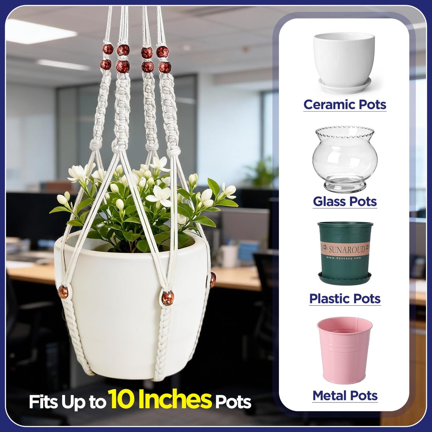 CollectHall 2 Pack Macrame Plant Hanger with Drop Ceiling Hooks, Hanging Planter with Wooden Bead, No Tassels for Indoor Outdoor Boho Office Classroom Decor, 35 Inches (Pots Not Included)